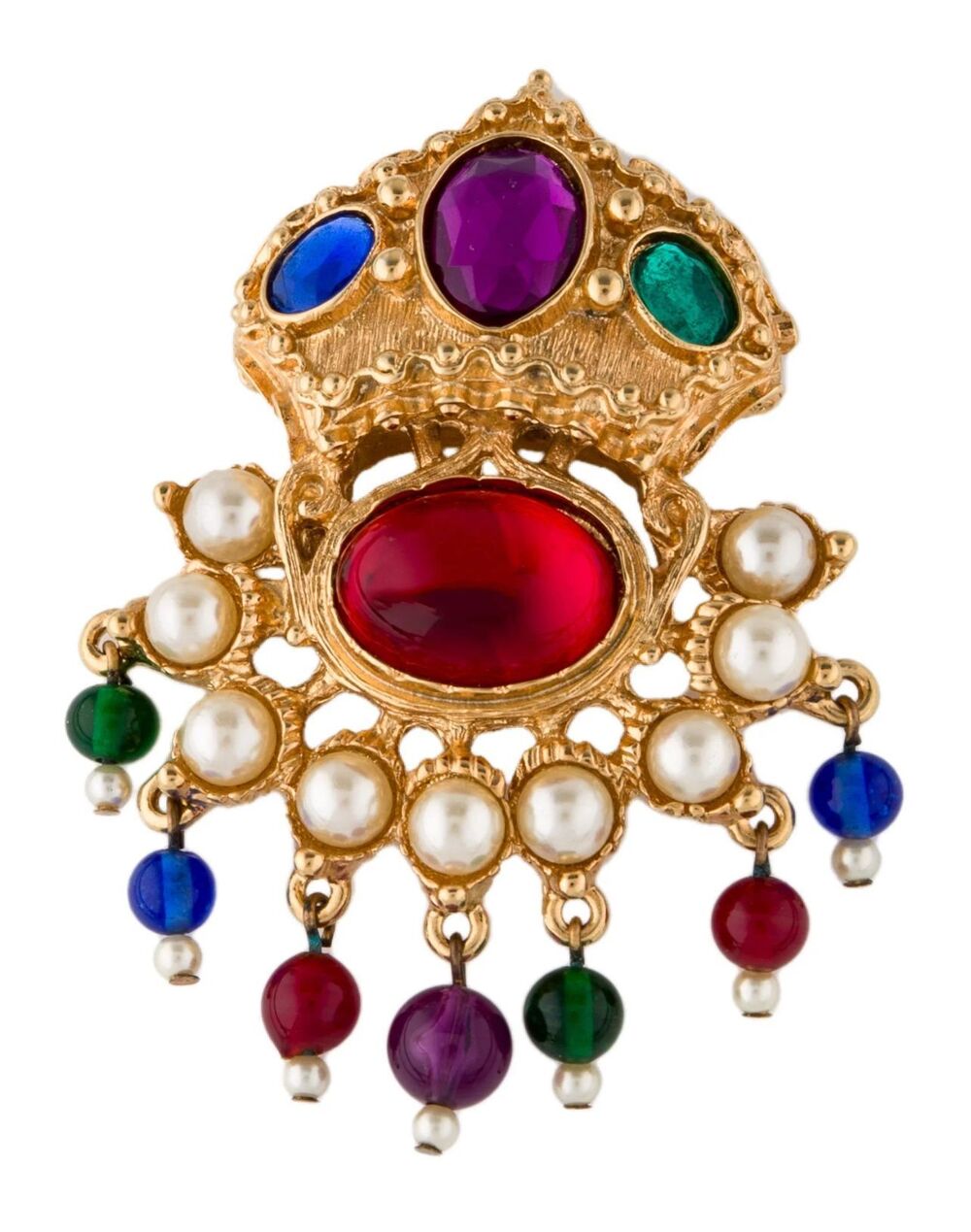 KJL Kenneth Jay Lane Gold Tone Jeweled Statement Brooch Pearl Dangle Style